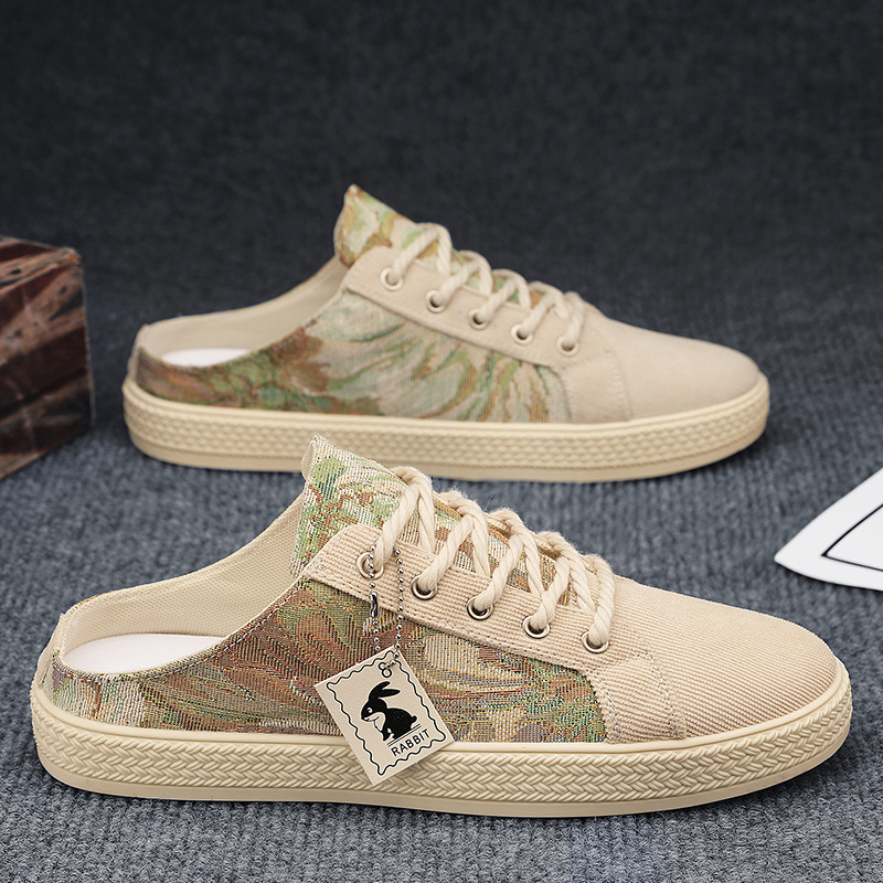 Canvas Men's Shoes Summer Trend, One Foot Breathable Casual Cloth Shoes Without Heels, Half Slippers