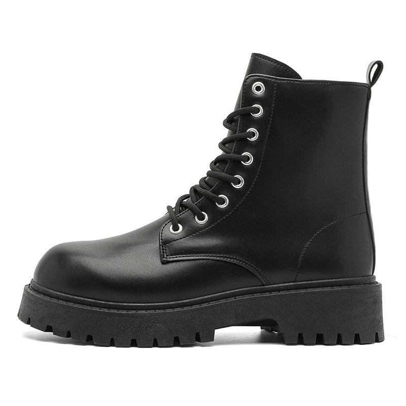Side Zipper Martin Boots Men's High Top British Style Leather Black Workwear Motorcycle Boots Winter Height Increasing Mid Top Short Boots