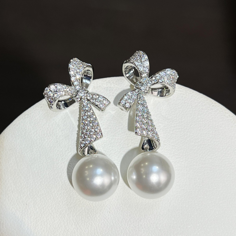 New Pearl Full Diamond Ribbon Bow Long Earrings With Feminine Temperament And High-End Earrings