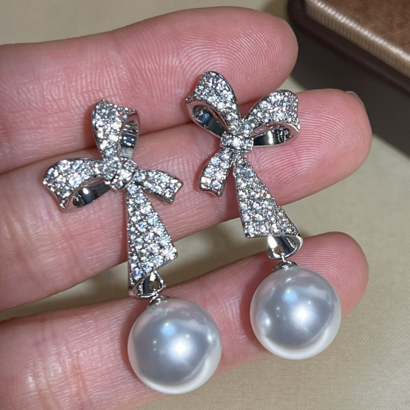 New Pearl Full Diamond Ribbon Bow Long Earrings With Feminine Temperament And High-End Earrings