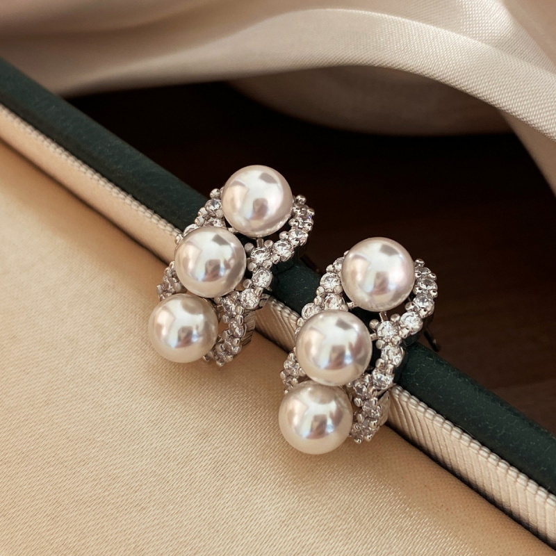 Pearl Full Diamond Three Bead Earrings For Women, Niche Design, High-End Earrings