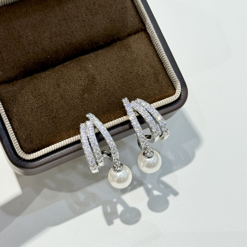 Pearl Full Diamond Line Earrings For Women, Delicate And Luxurious Casual Commuting Earrings