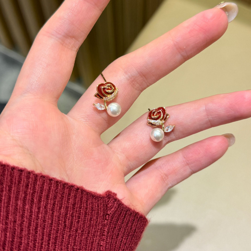 925 Silver Needle Pearl Sparkling Diamond Red Rose Earrings, Feminine Temperament, Light Luxury, Versatile, Niche Earrings