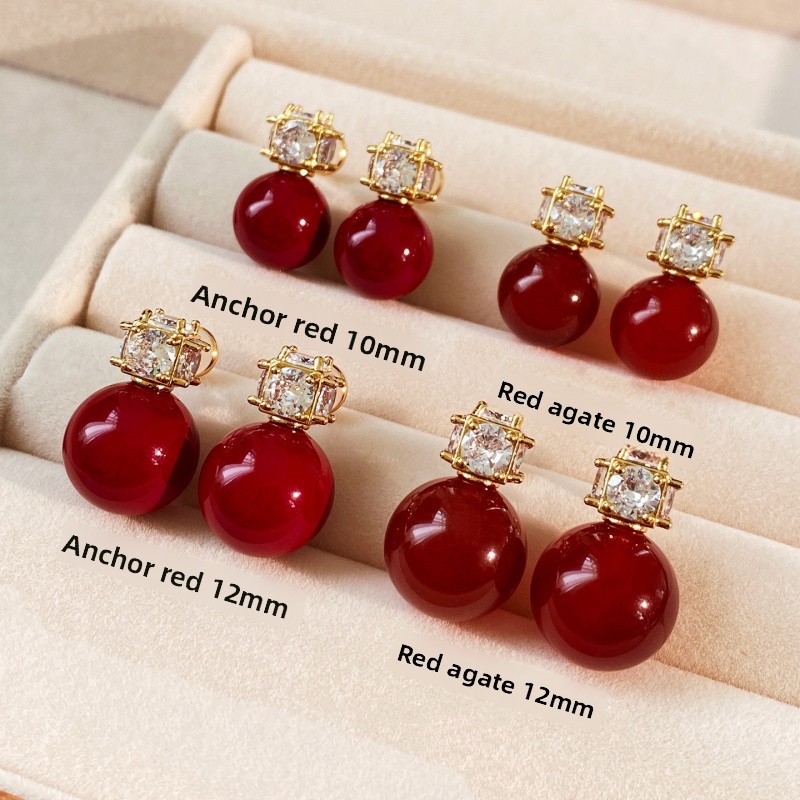 Silver Needle Electroplated Sparkling Zircon Heavy Craft Earrings for Women, Light Luxury Vintage Versatile Red Agate Jewelry