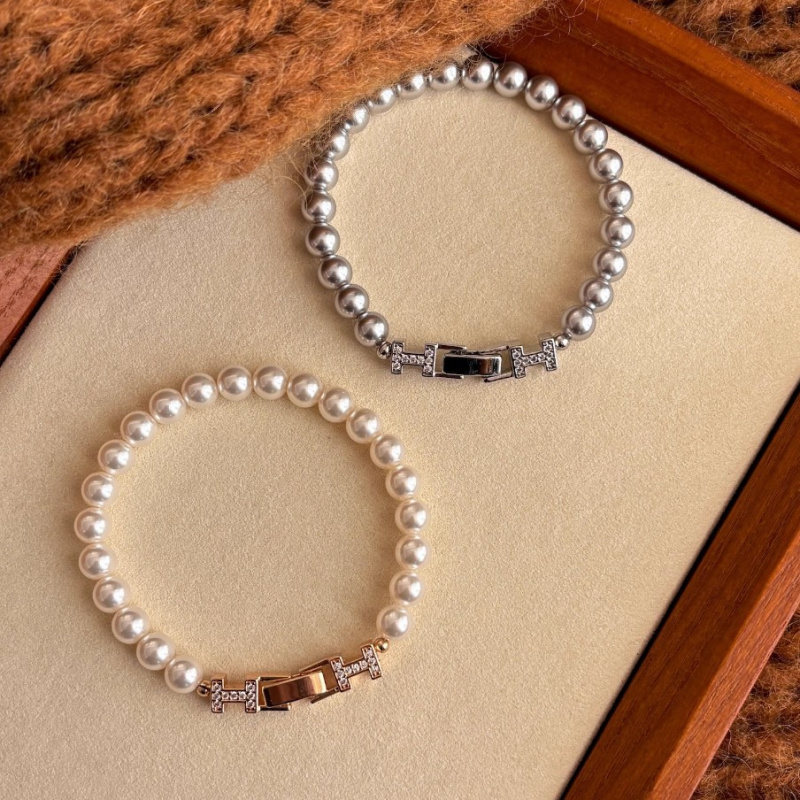 Female Temperament Versatile High-End Light Luxury Pearl Full Diamond Double H-Buckle Bracelet