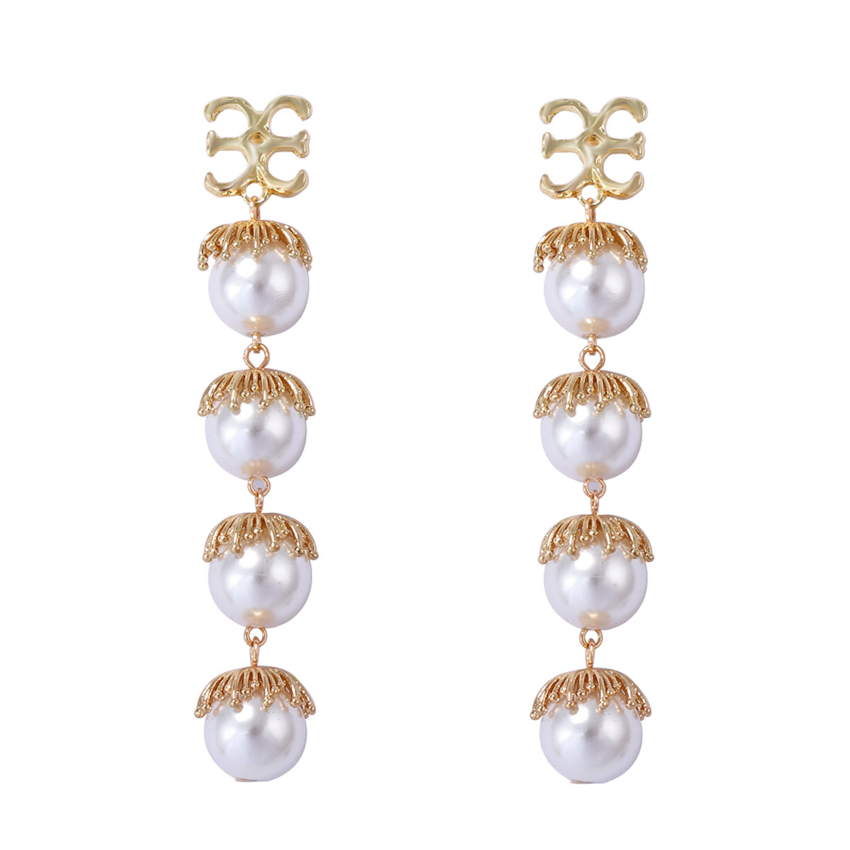 European and American French Retro Light Luxury Geometric Imitation Pearl Flower Long Spliced Earrings