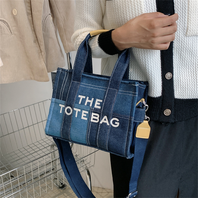 New Denim Contrasting Splicing Hand-Held Tote Bag, Retro Embroidered Letter Crossbody Bag
