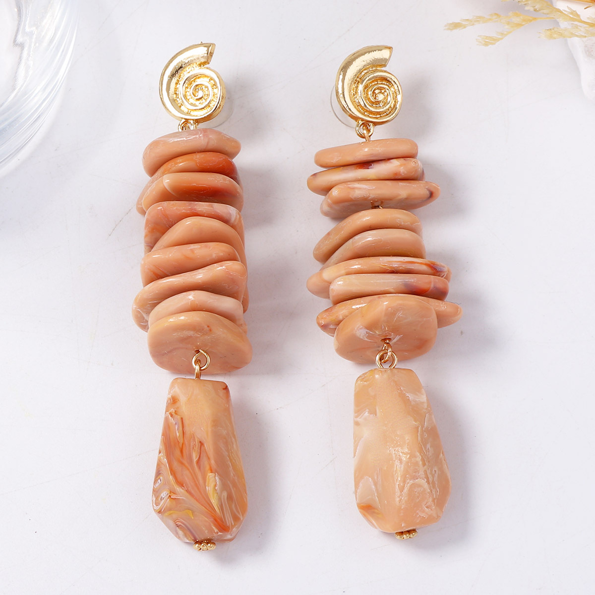 Cross Border European And American Retro Personalized Design Sense Geometric Resin Coral Alloy Conch Long Earrings Ocean Wind