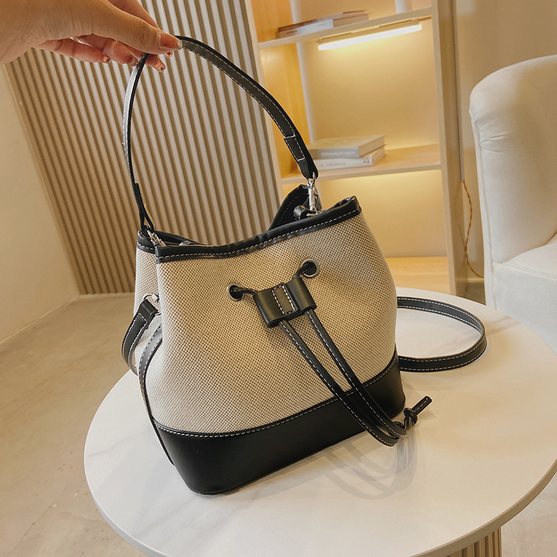 Women's New Canvas Contrasting Hand-Held Bucket Bag, Street Trendy Texture Single Shoulder Crossbody Bag