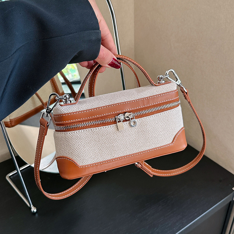 European and American Retro Fashion Hand-Held Small Square Bag for Women 2026 Cross-Border New Canvas Contrasting Splicing Crossbody Bag
