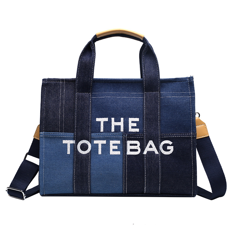 New Denim Contrasting Splicing Hand-Held Tote Bag, Retro Embroidered Letter Crossbody Bag