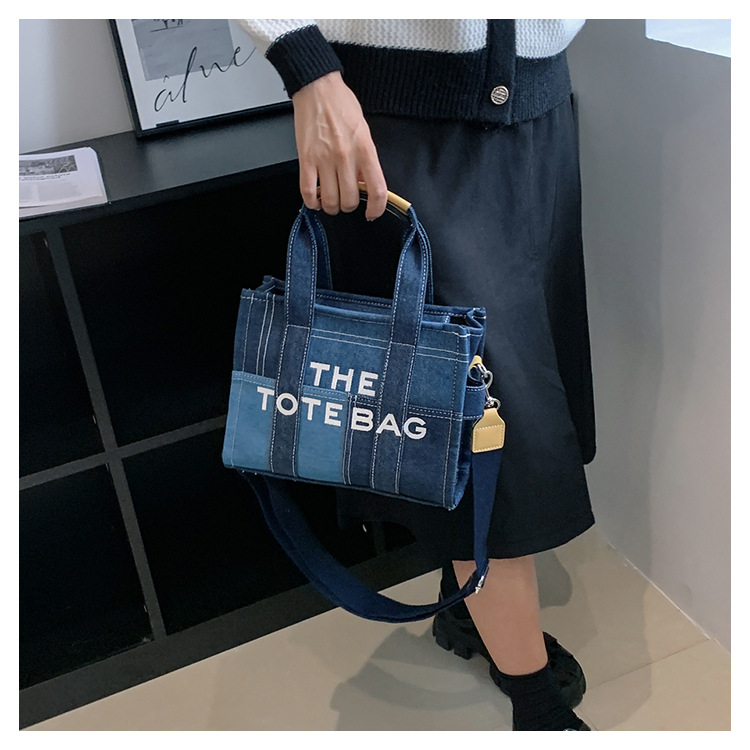 New Denim Contrasting Splicing Hand-Held Tote Bag, Retro Embroidered Letter Crossbody Bag